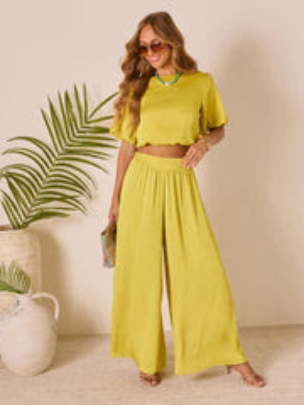 Island Drift Pleated Wide Leg Pants and Blouse Set